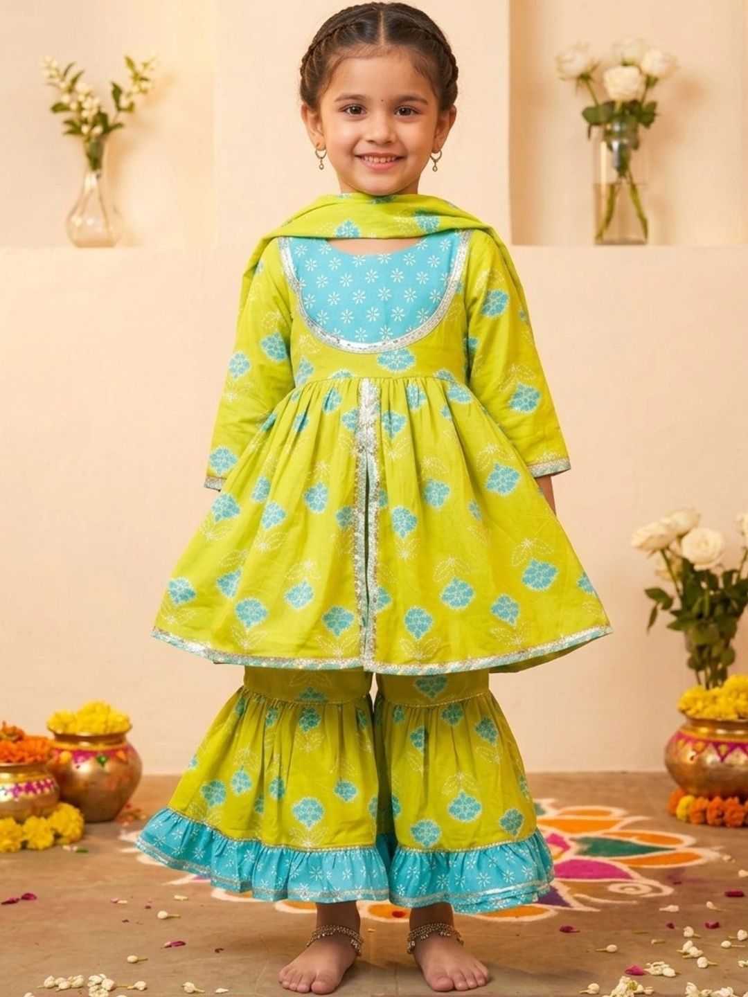 chirpytroops Girls Floral Printed Regular Pure Cotton Kurta with Sharara & With Dupatta-picture-28