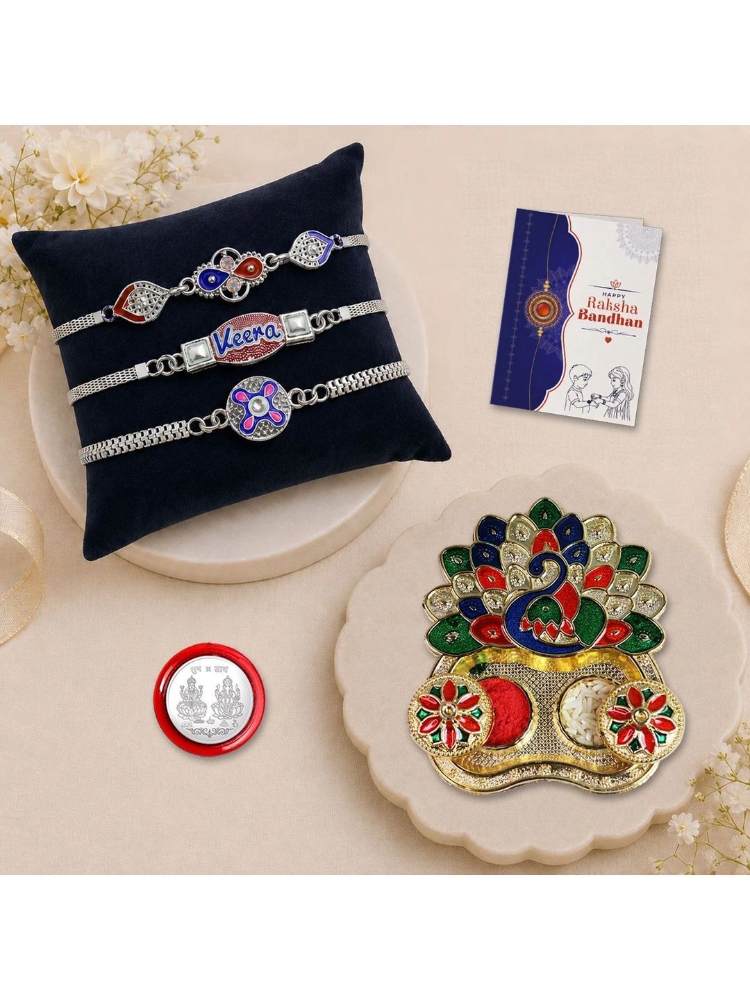 Myntra Elegant Homes Set of 8 Rakhi Gift Set With Silver Coin, Greeting Card & Roli Chawal-picture-20