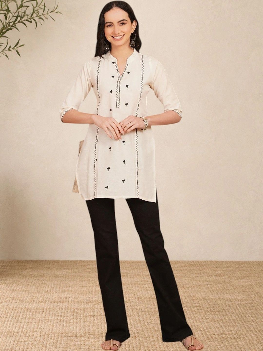 Sangria Embroidered Mandarin Collar Cotton Blend Top-picture-45