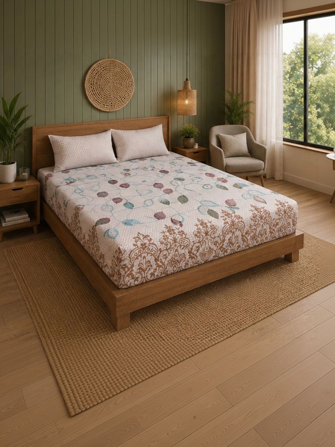 ButterThread Beige & Brown 250 TC Bedsheet with 2 Pillow Covers-image-11