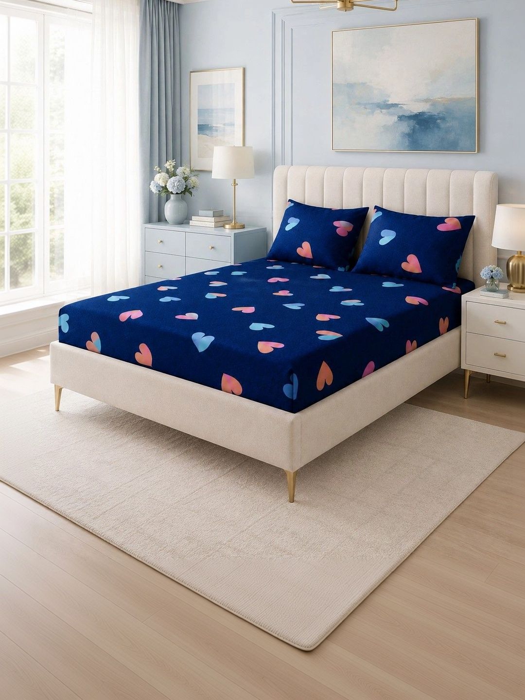 Myntra Elegant Homes Blue & Pink Graphic 350 TC King Bedsheet with 2 Pillow Covers