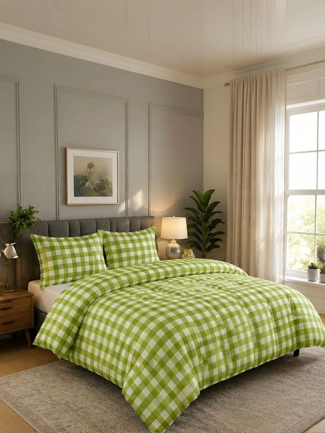 JASHAN Green & White Checked Cotton Queen-Size Duvet Cover With Zipper Closure-image-37