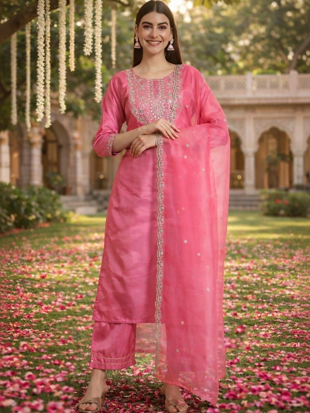 Chandbaali Women Ethnic Motifs Embroidered Regular Kurta with Trousers & With Dupatta-picture-14