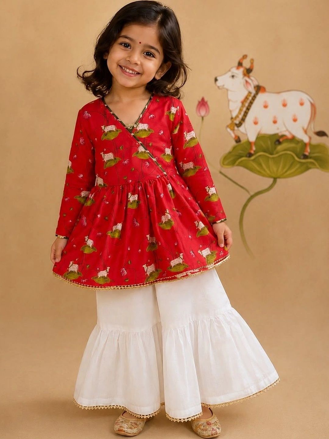 Cute Couture Girls Ethnic Motifs Printed Angrakha Pure Cotton Kurti with Sharara-picture-52