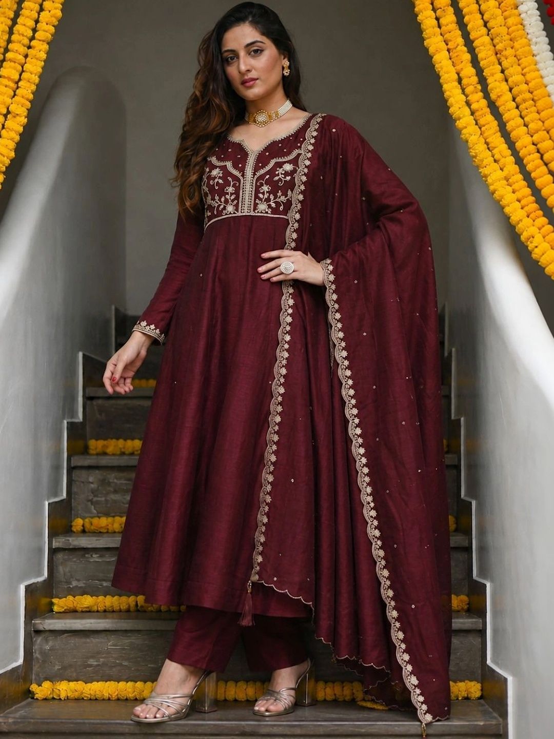 MOKOSH Women Berry Red Embroidered Anarkali Kurta And Pant Set with Dupatta-picture-44