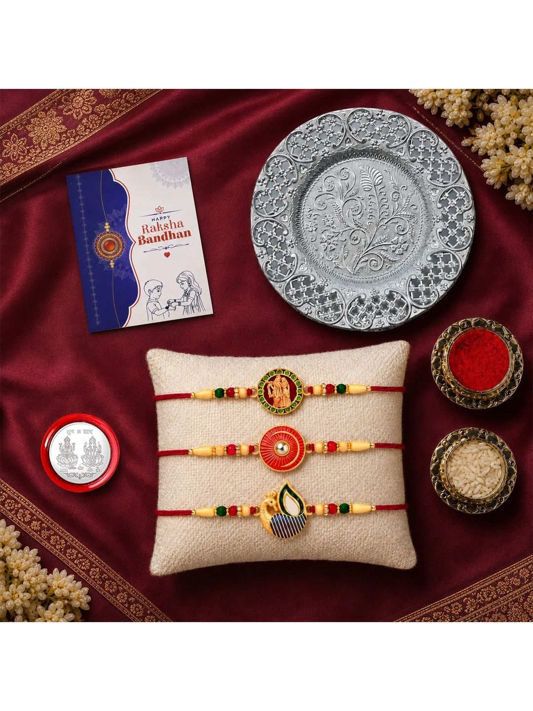 Myntra Elegant Homes Set of 8 Rakhi Gift Set With Silver Coin, Greeting Card & Roli Chawal-picture-15