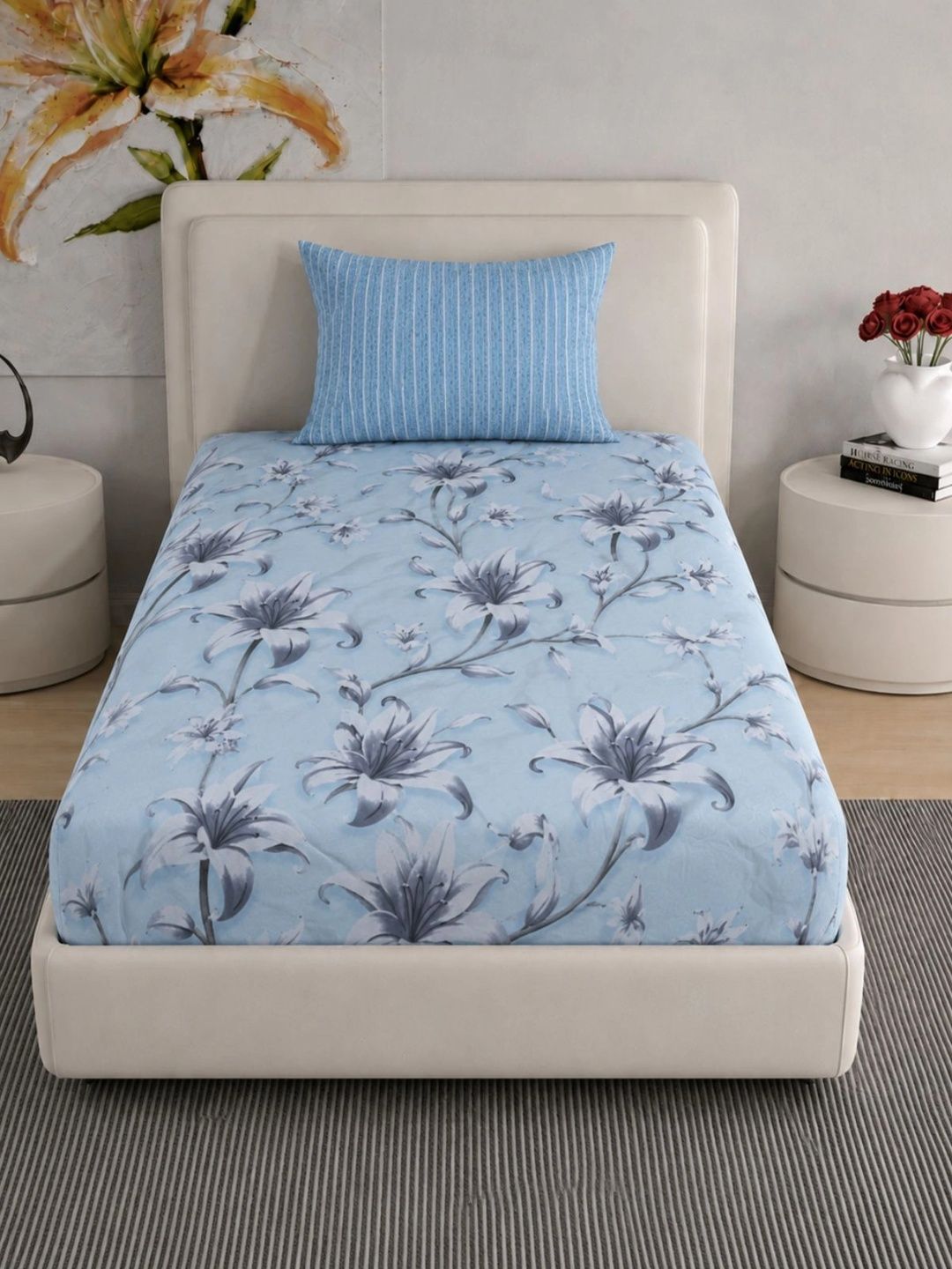 Florida Blue & Grey Floral 120 TC Single Bedsheet with 1 Pillow Covers-image-12