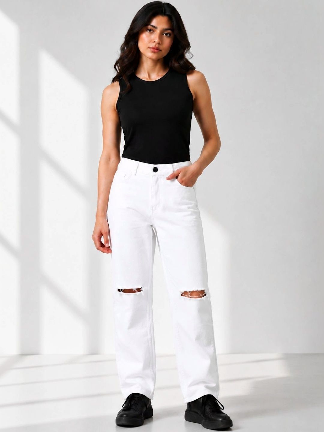 HERE&NOW Women Classic Straight Fit Mid-Rise Highly Distressed Stretchable Jeans-picture-42