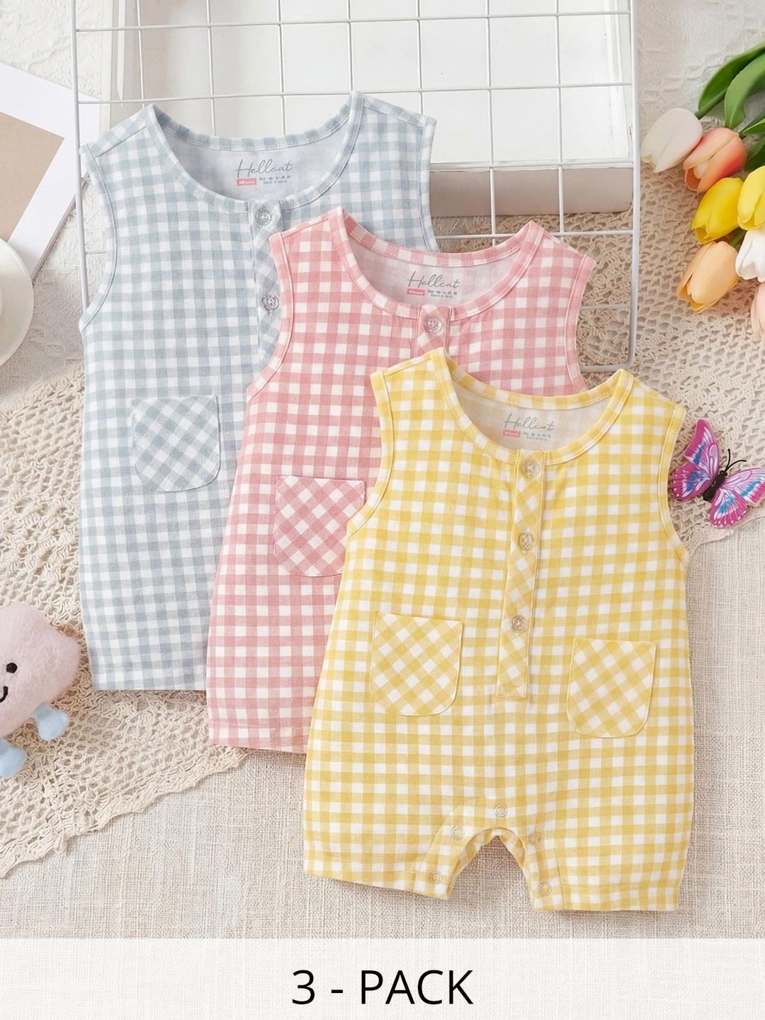HELLCAT Infants Pack Of 3 Checked Cotton Round Neck Rompers-image-17