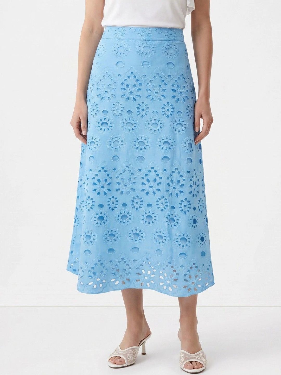 COVER STORY Women Cotton Embellished Schiffli Midi A-Line Skirt-picture-34