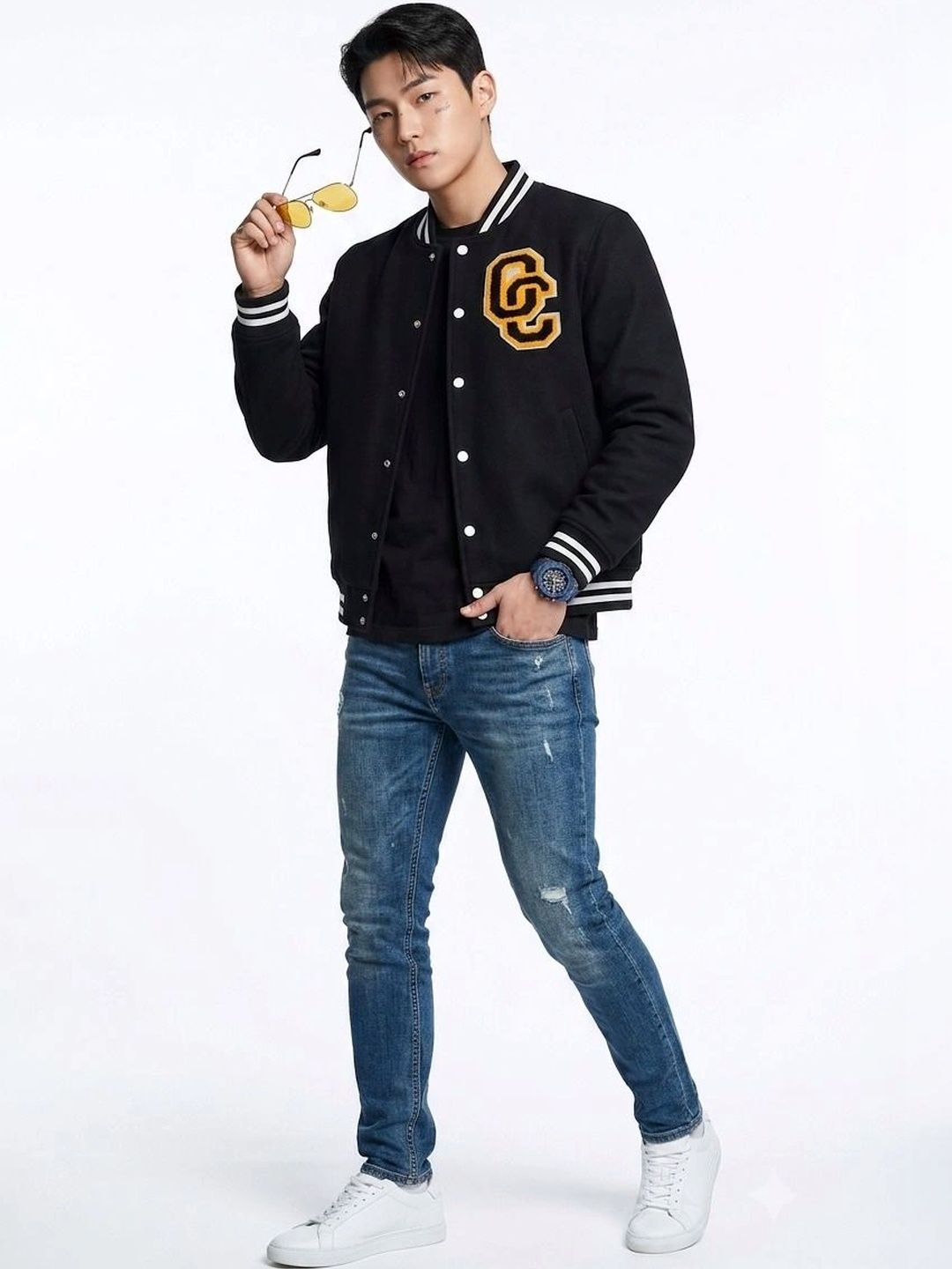 oiin Men Brand Logo Colourblocked Fleece Blend Varsity Jacket-picture-23