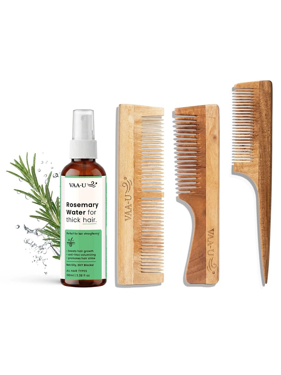 VAA-U Set Of 4 Rosemary Hair Growth Spray -100 ml & Neem Wood Long & Tail Comb-picture-25