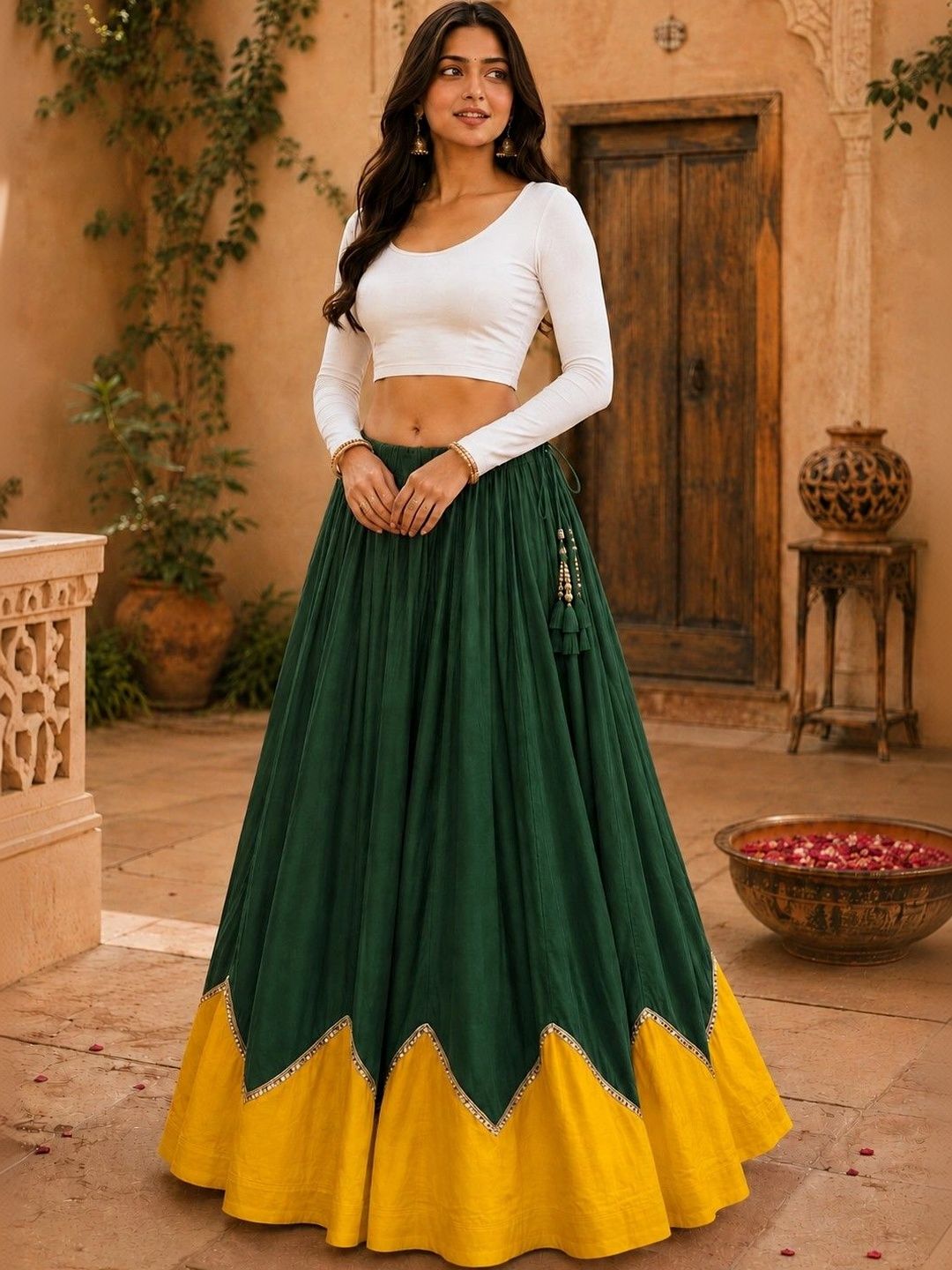 Desibutik Women Cotton Colourblocked Maxi Flared Skirt-picture-11