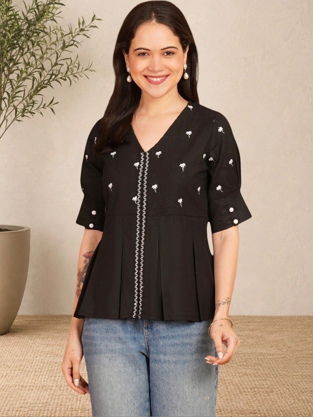 Sangria Embroidered Puff Sleeve Cotton Blend Peplum Top-image-4