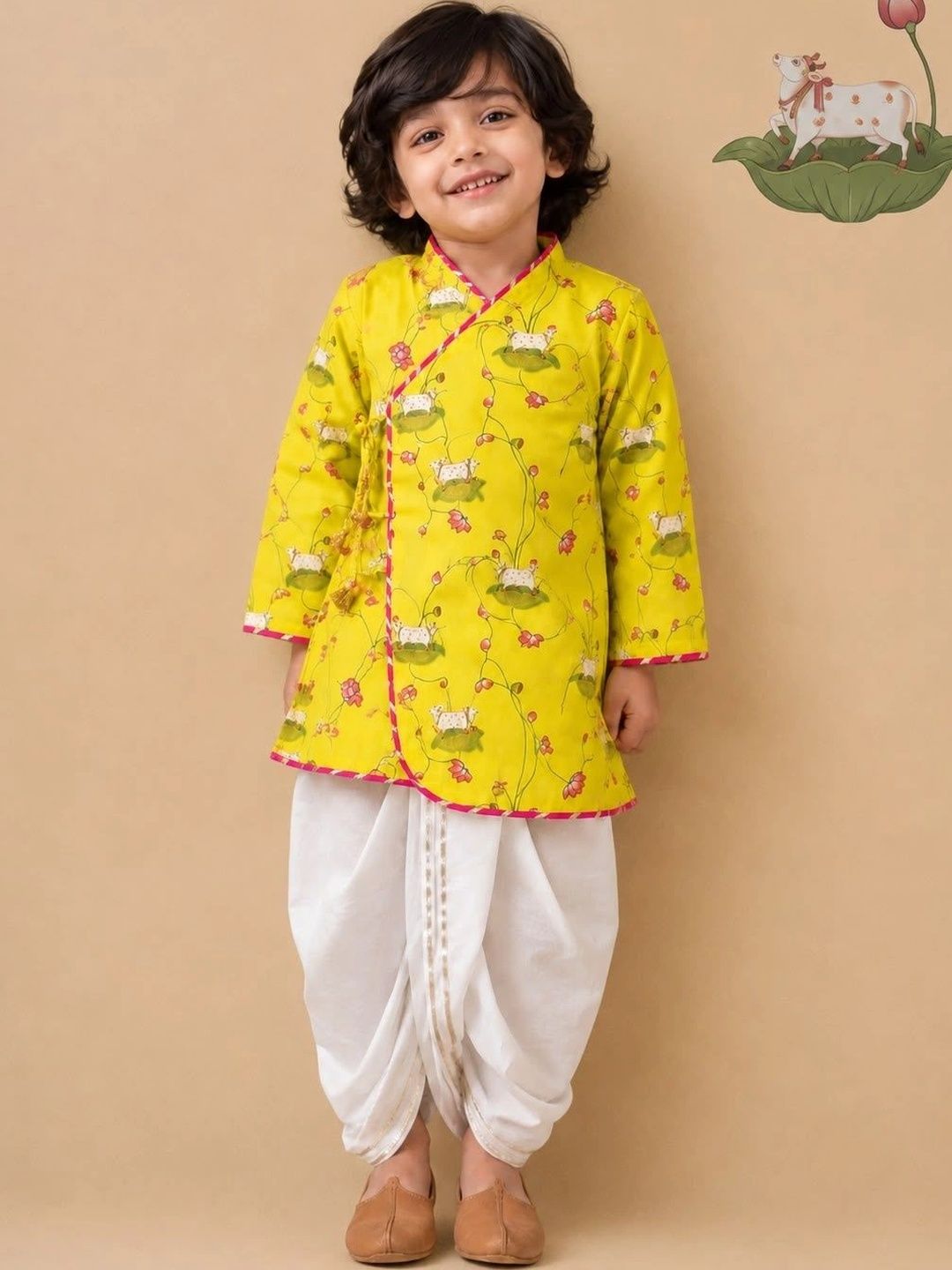 Cute Couture Boys Ethnic Motifs Printed Angrakha Pure Cotton Kurta with Dhoti Pants-picture-48