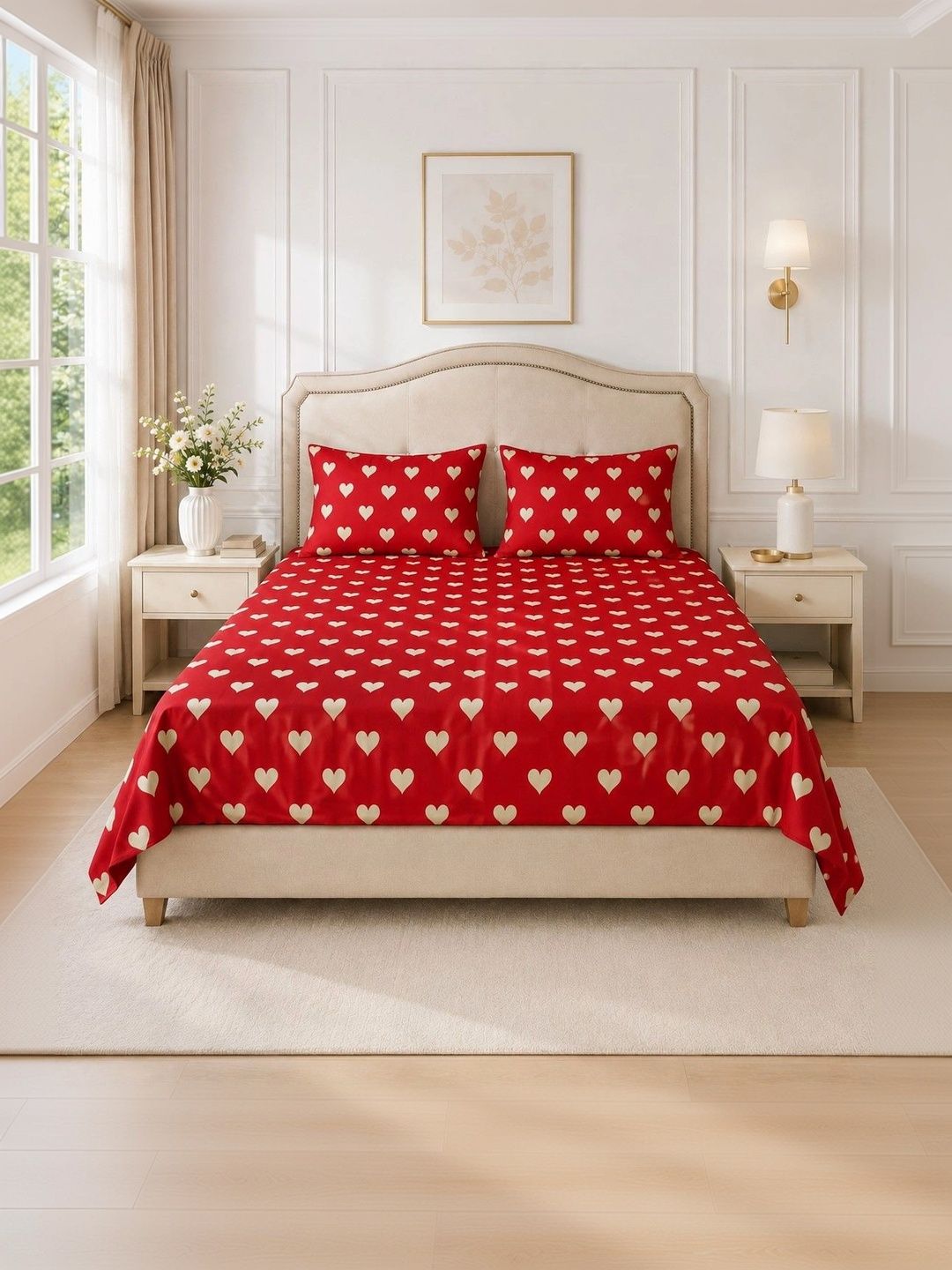 Myntra Elegant Homes Red & Yellow Graphic 350 TC Single Bedsheet with 2 Pillow Covers
