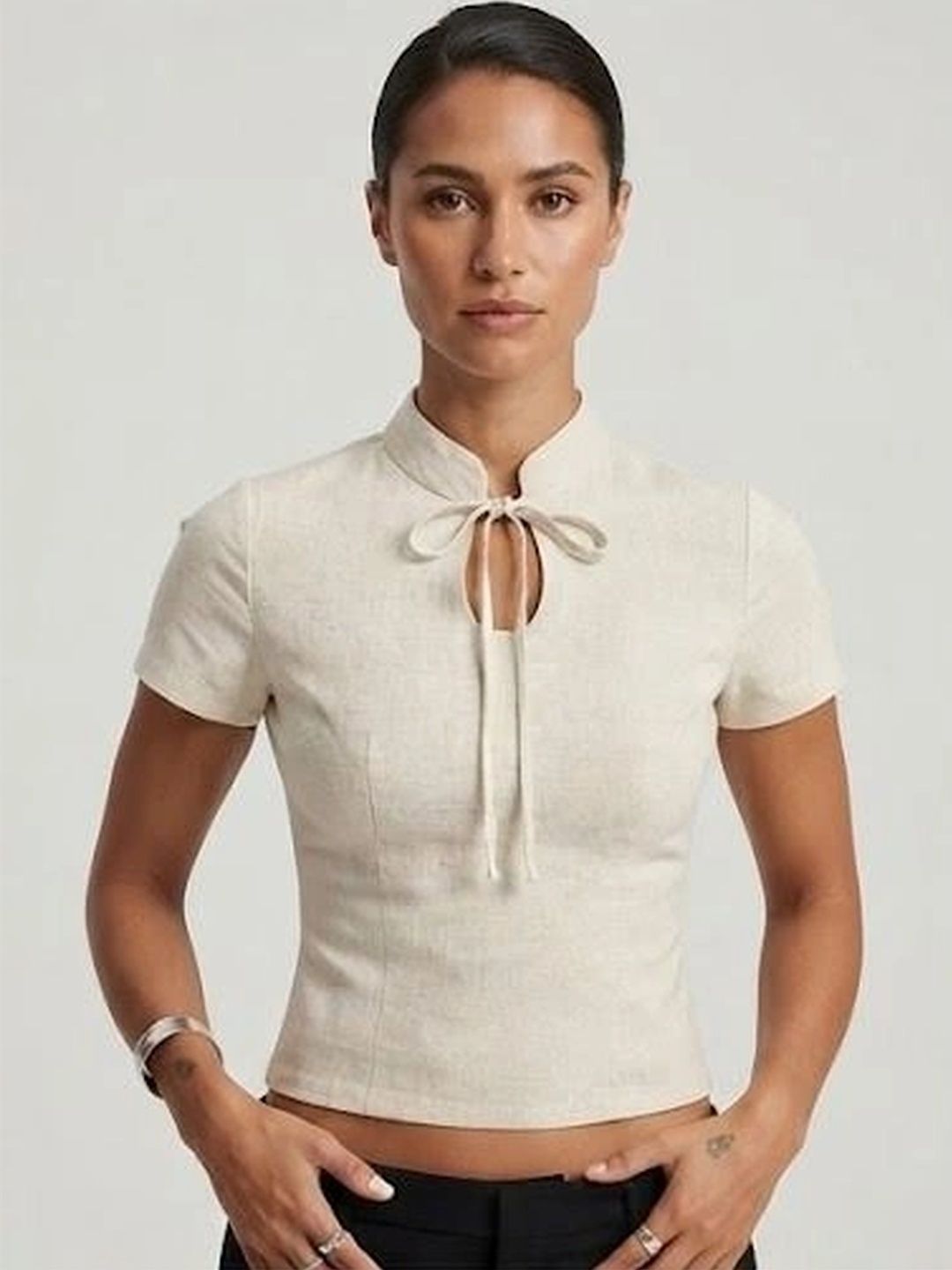 HOMODA Tie-Up Neck Cotton Top-picture-35