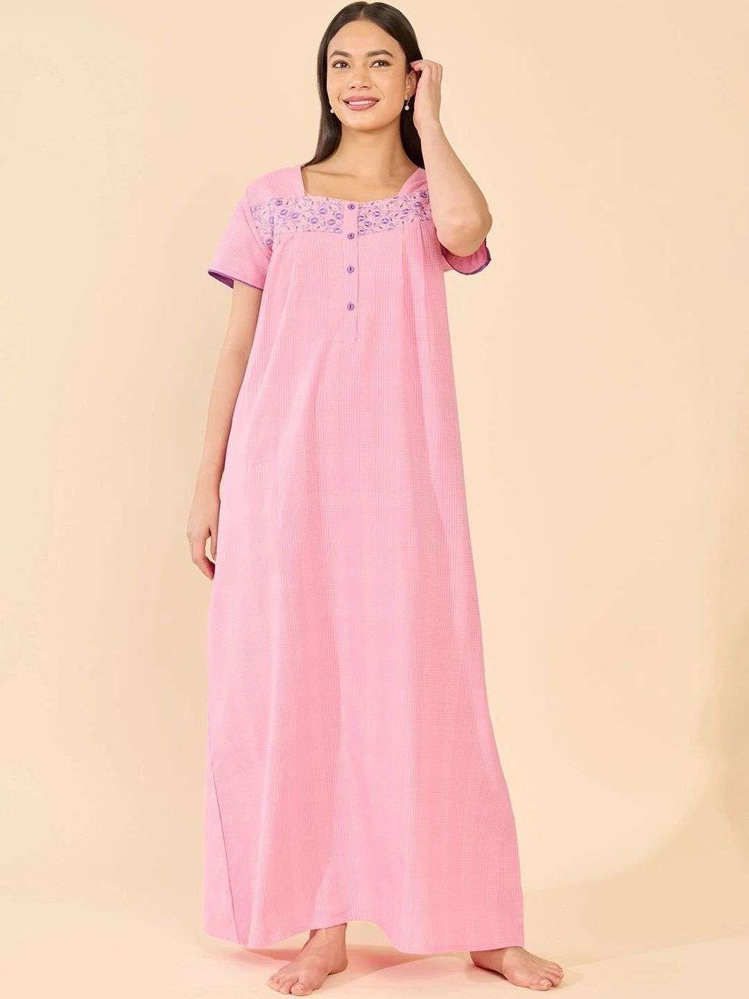 Maybell Women Pink Checked Cotton Short Sleeve Square Neck Night Dress-picture-12