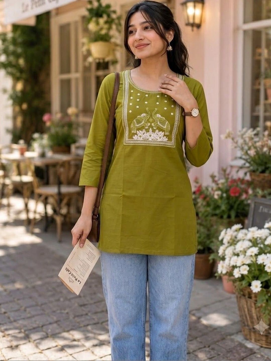 AXI COUTURE Floral Embroidered V-Neck Pure Cotton Kurti-picture-58