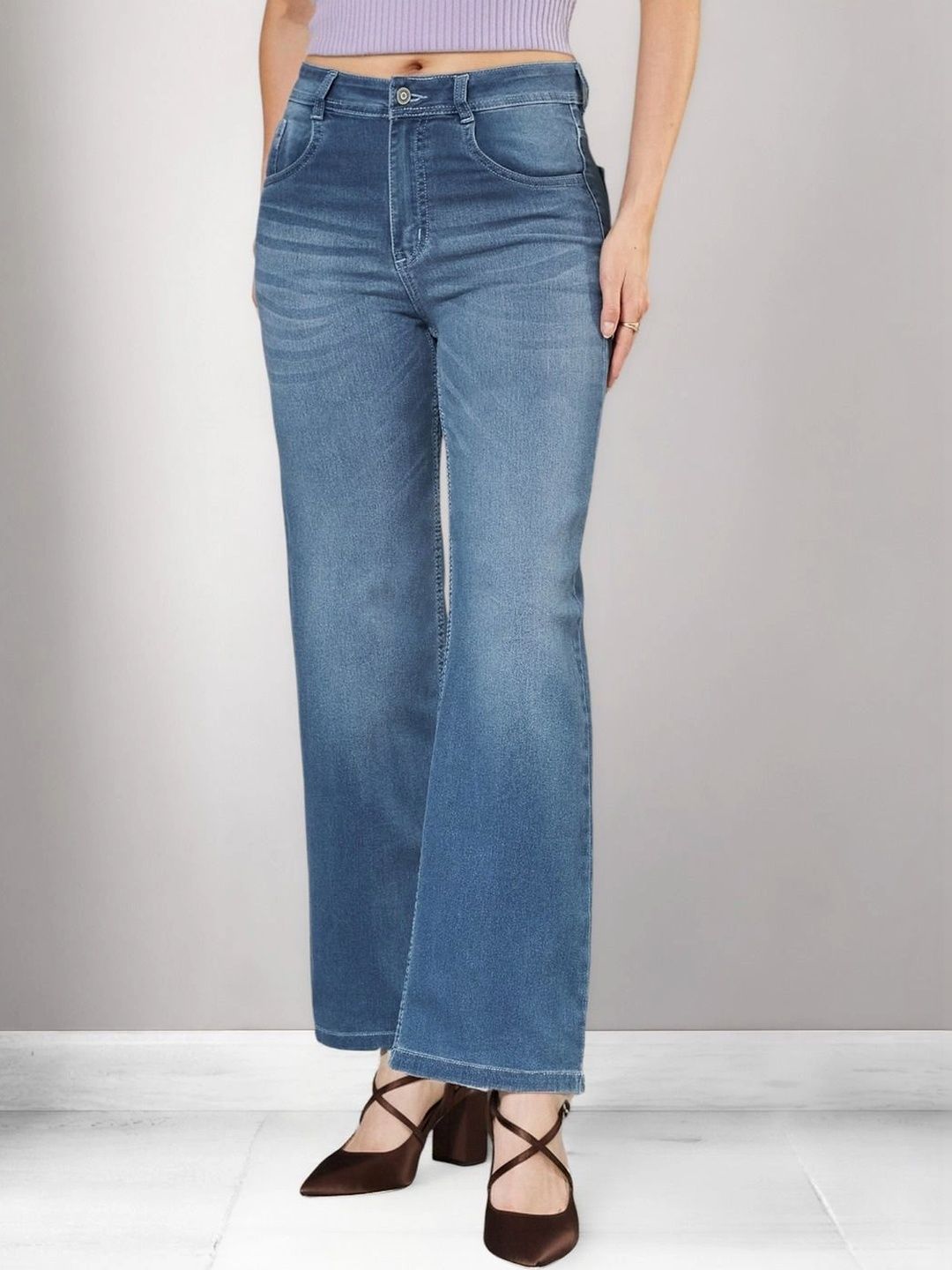 Miss Chase Women Wide Leg Mid-Rise Light Fade Stretchable Jeans-image-0