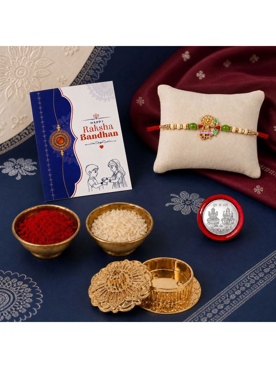 Myntra Elegant Homes Set of 6 Rakhi Gift Set With Silver Coin, Greeting Card & Roli Chawal-image-6