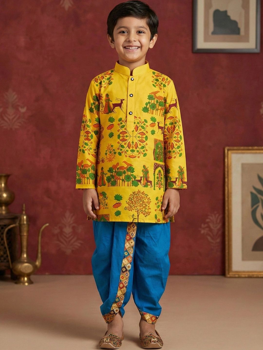 NFC CREATION Boys Ethnic Motifs Printed Regular Dupion Silk Kurta with Dhoti Pants-picture-24