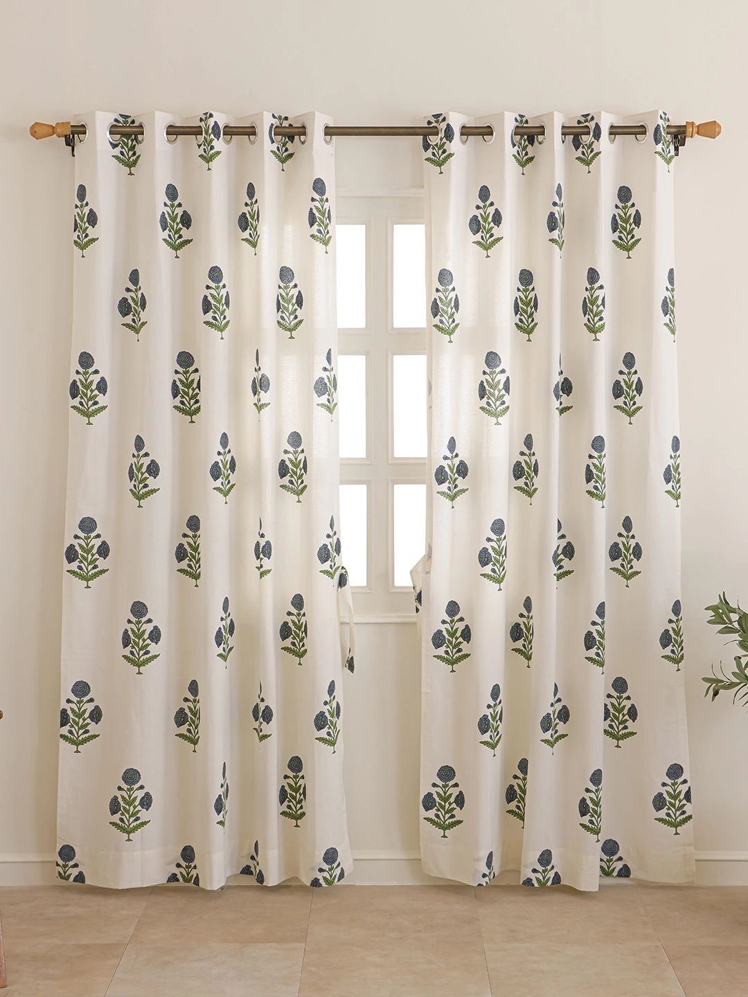 Aura Off White & Blue Set of 2 Floral Sheer Long Door Curtain-image-18