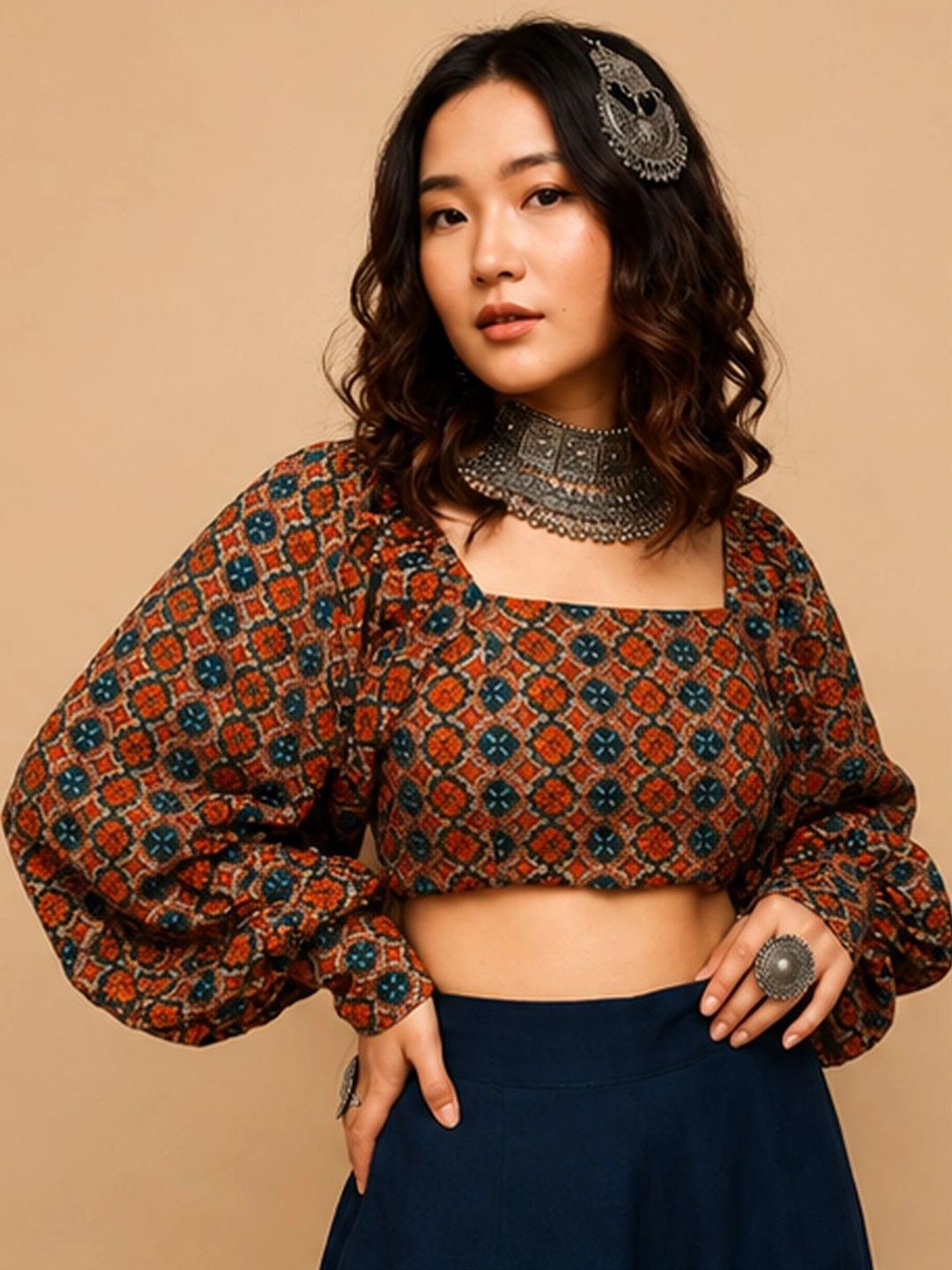 MEZENOR Print Puff Sleeve Ethnic Crop Top-picture-44