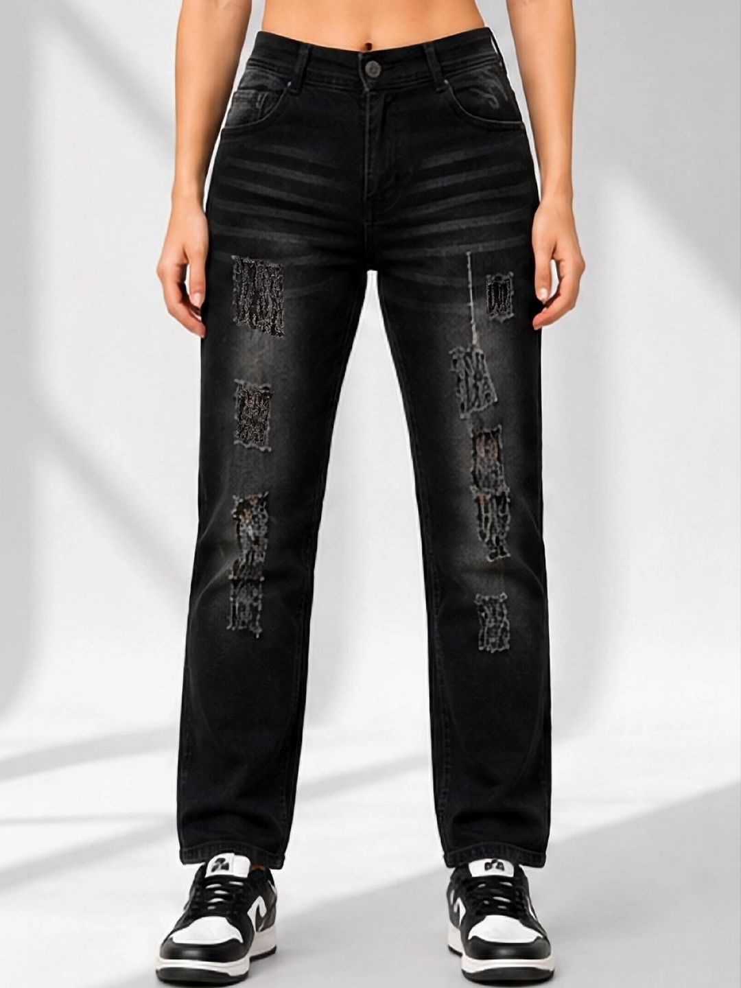 HERE&NOW Women Classic Regular Fit Mid-Rise Highly Distressed Stretchable Jeans-picture-25