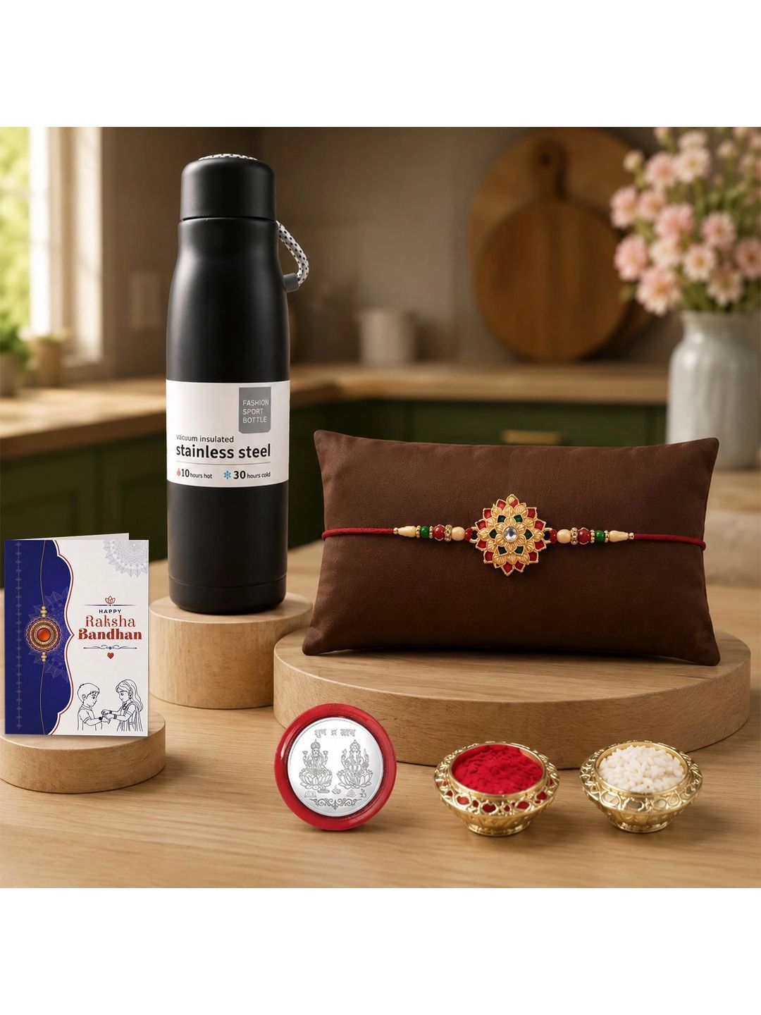 Myntra Elegant Homes Rakhi With Greeting Card Water Bottle Silver Coin & Roli Chawal-picture-27