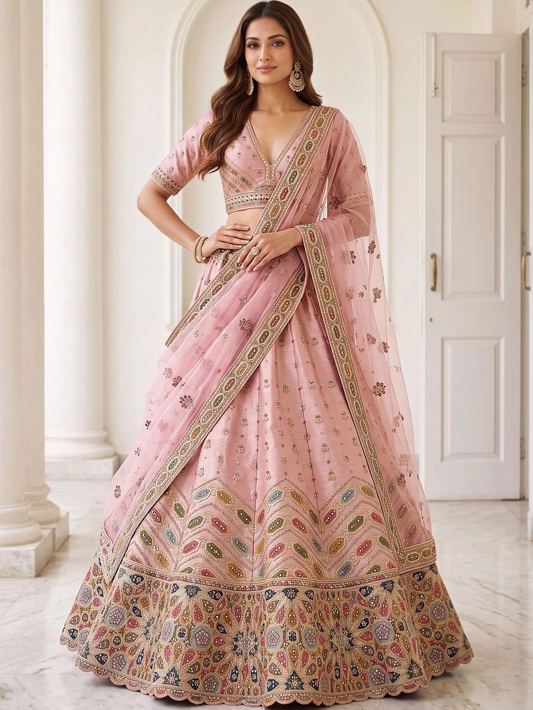 Vruxon Embellished Mirror Work Semi-Stitched Lehenga & Blouse With Dupatta-image-25