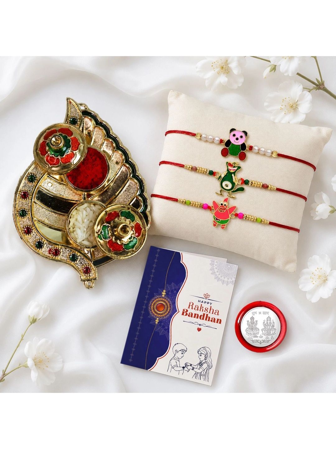 Myntra Elegant Homes Set of 8 Rakhi Gift Set With Silver Coin, Greeting Card & Roli Chawal-image-46