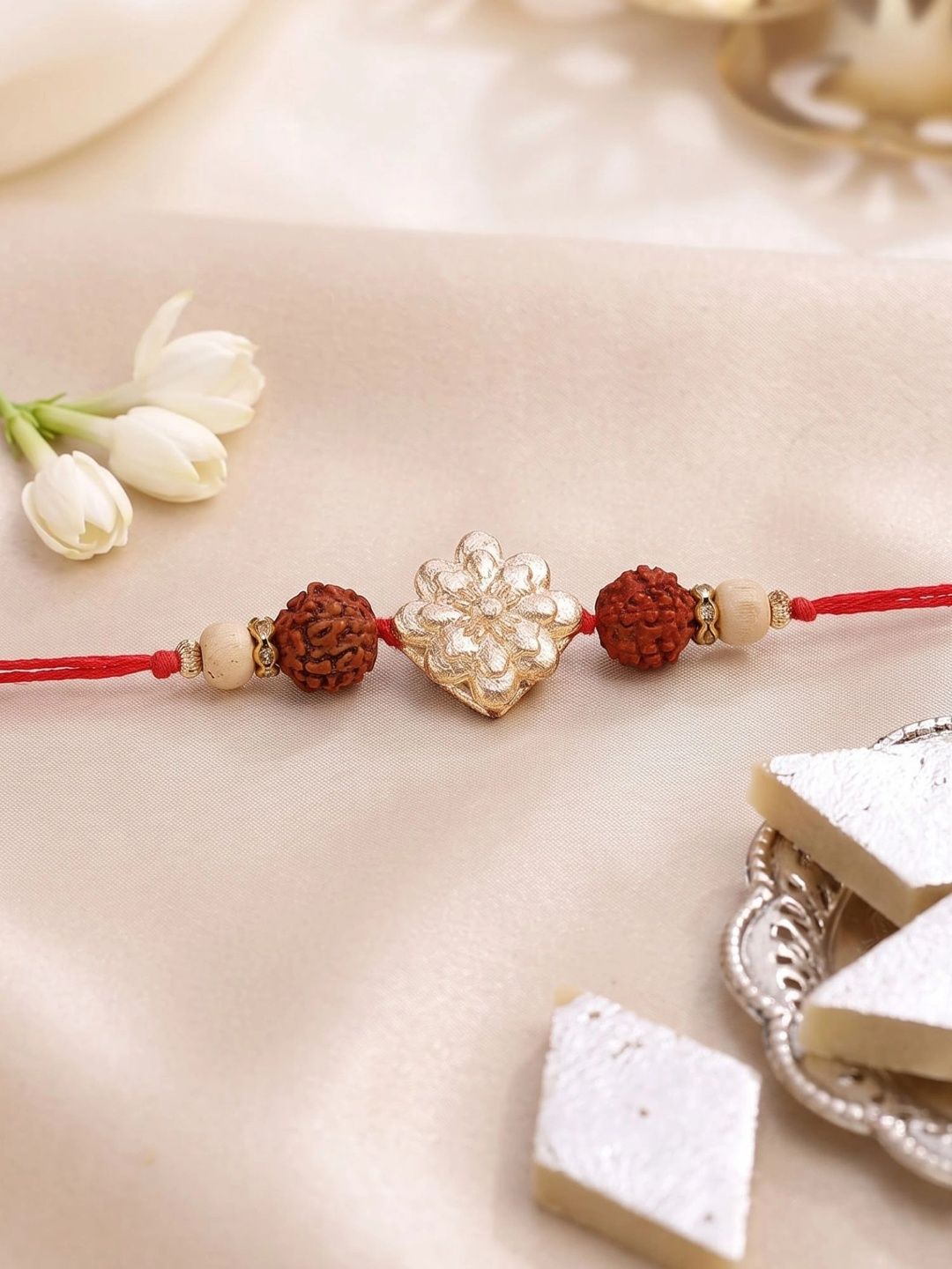 KARATCART Gold Plated Floral Kundan Rudraksha Studded Bhaiya Thread Rakhi & Roli Chawal-picture-12