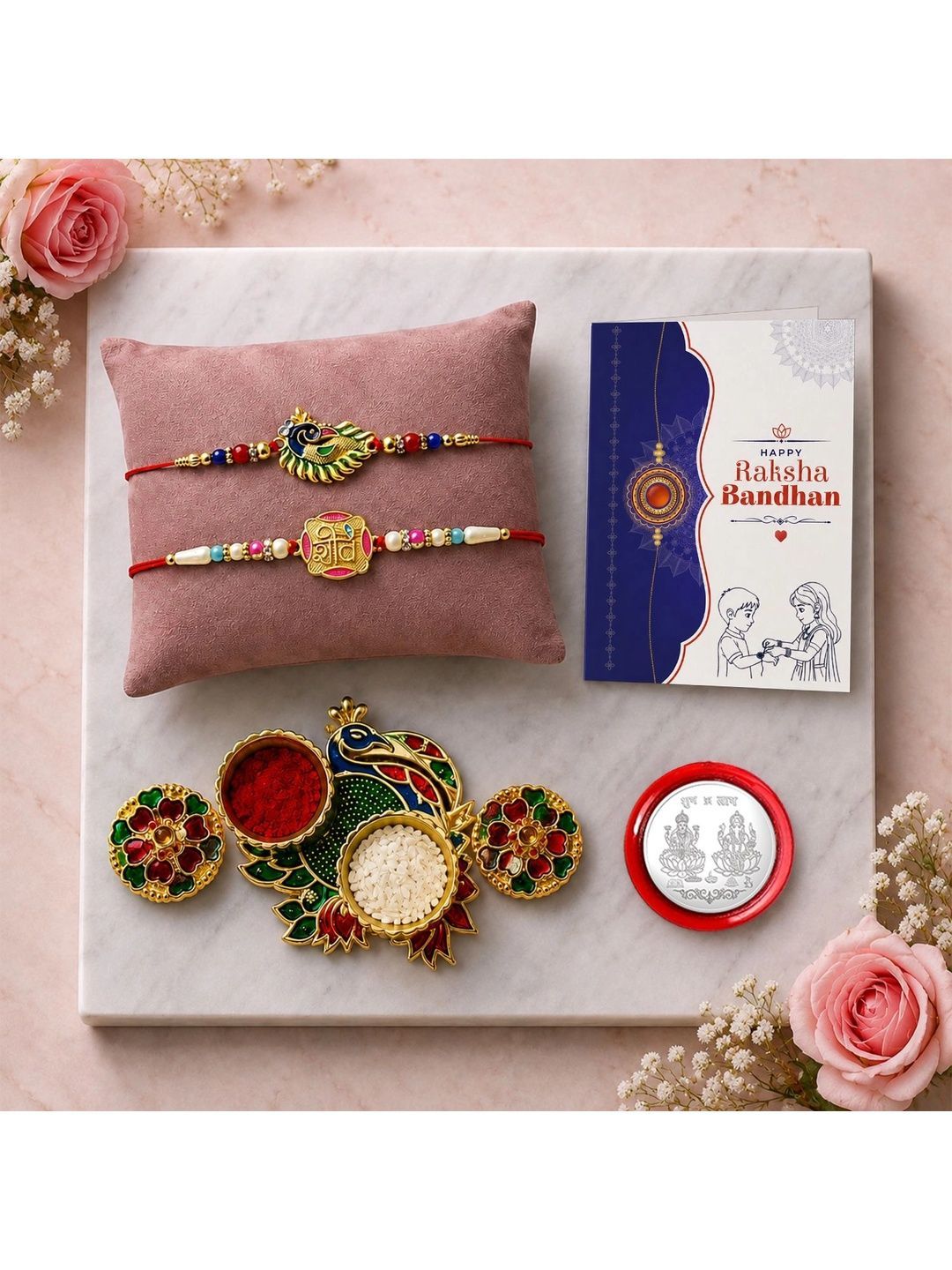 Myntra Elegant Homes Set of 7 Rakhi Gift Set With Silver Coin, Greeting Card & Roli Chawal-picture-46