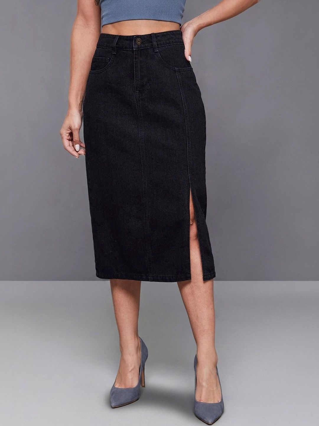 Miss Chase Women Denim Front Slit Midi Straight Skirt-picture-13
