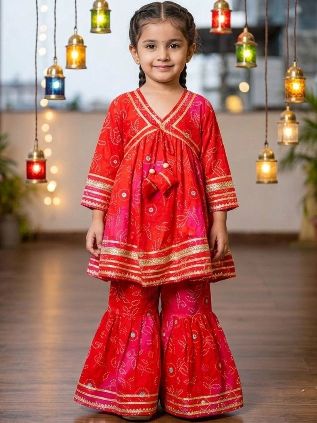 chirpytroops Girls Bandhani Printed Empire Gotta Patti Pure Cotton Kurta with Sharara-image-14