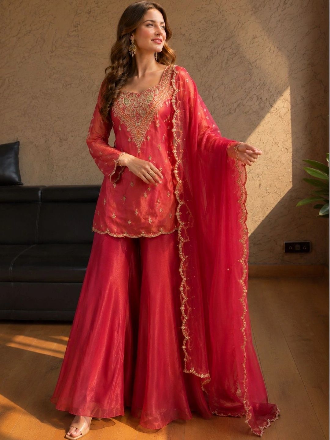 Sangria Women Ethnic Motifs Embroidered Dupion Silk Kurti with Sharara & Dupatta Set-picture-19