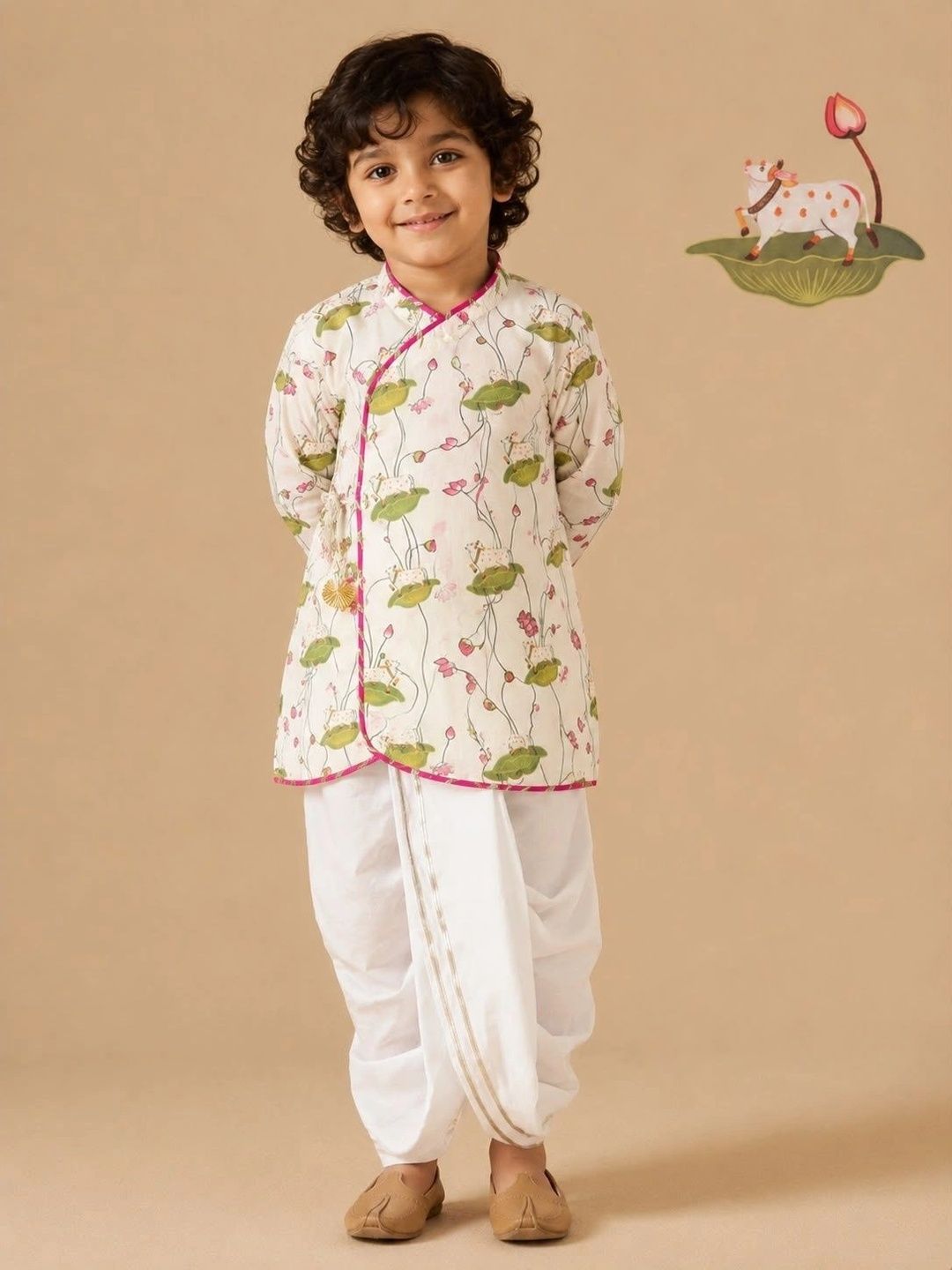 Cute Couture Boys Floral Printed Angrakha Pure Cotton Kurta with Dhoti Pants-image-19