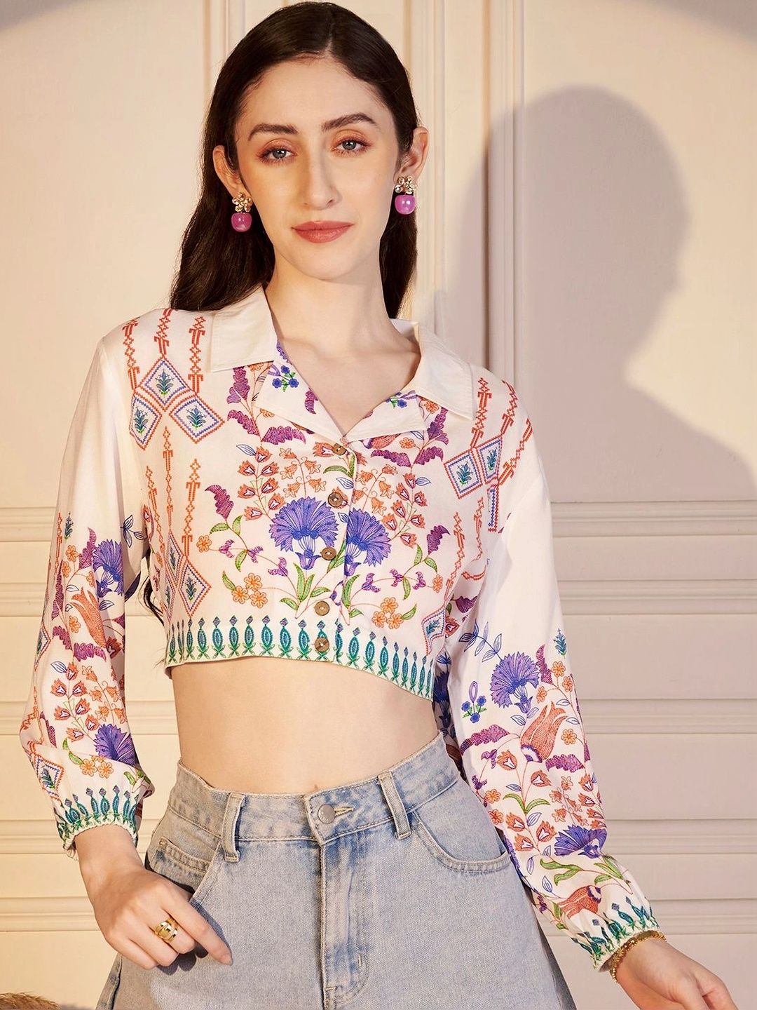 DressBerry Floral Print Shirt Style Crop Top-image-36