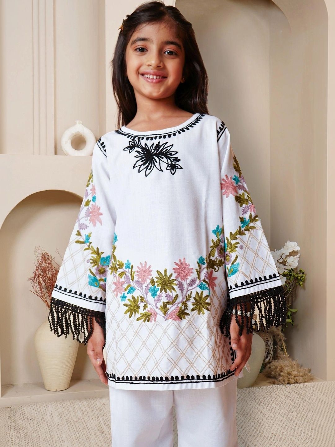 HOUSE OF KARI Girls Floral Embroidered Regular Aari Work Pure Cotton Kurta with Pyjamas-picture-26
