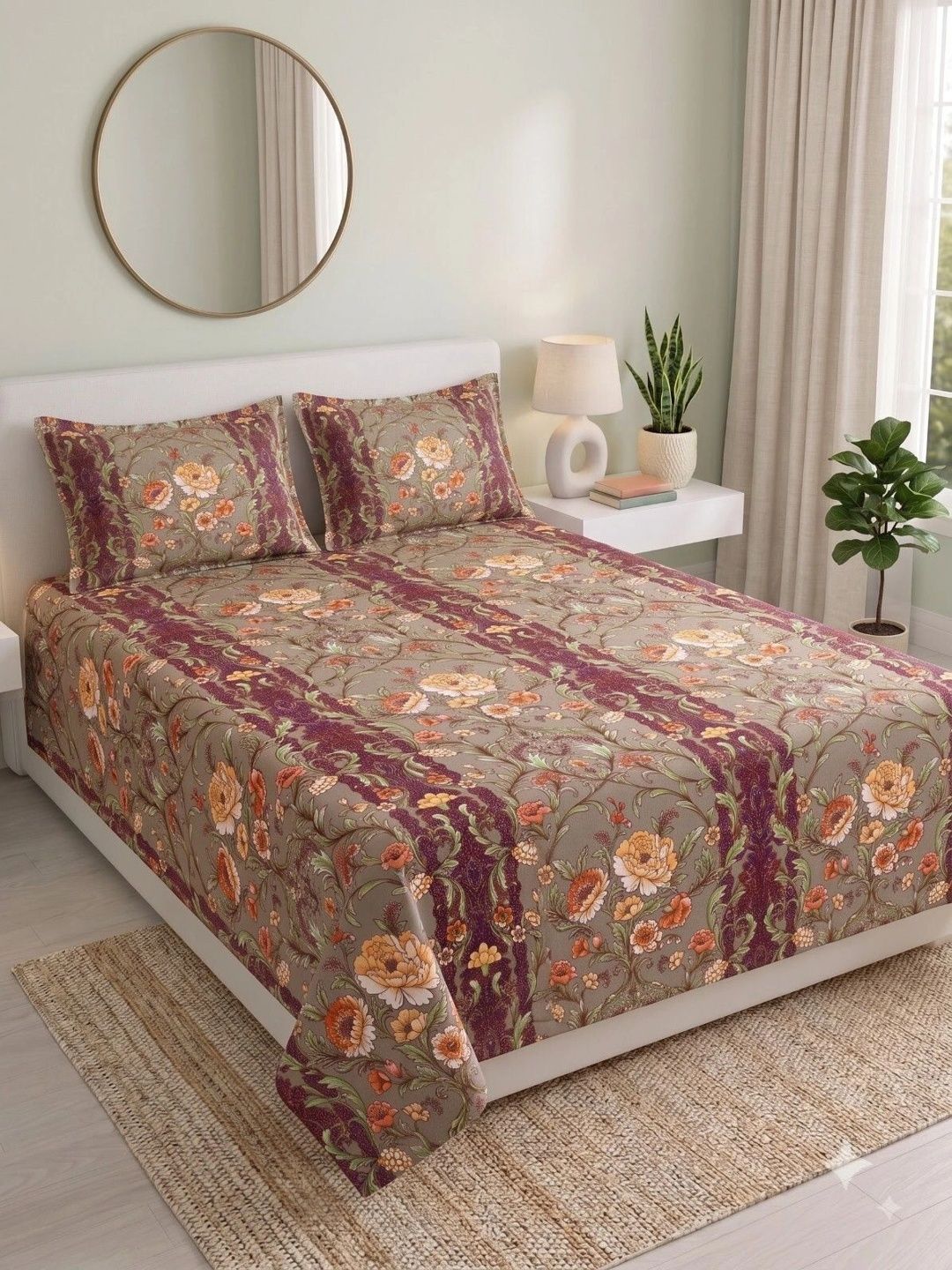 MAFATLAL Olive Green & Maroon Queen Bedsheet with 2 Pillow Covers-image-35