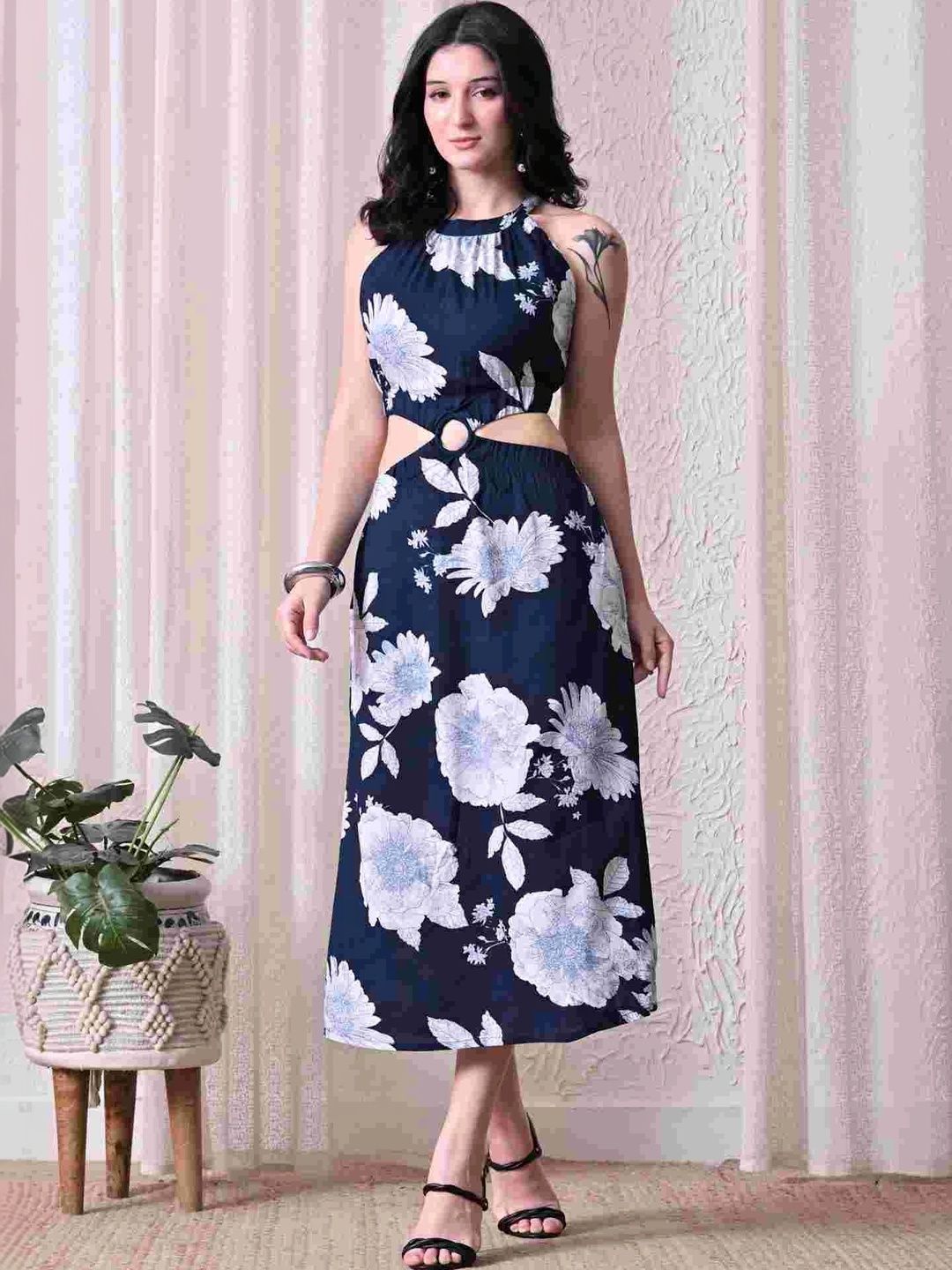 KALINI Floral Print Halter Neck A-Line Midi Dress-picture-38