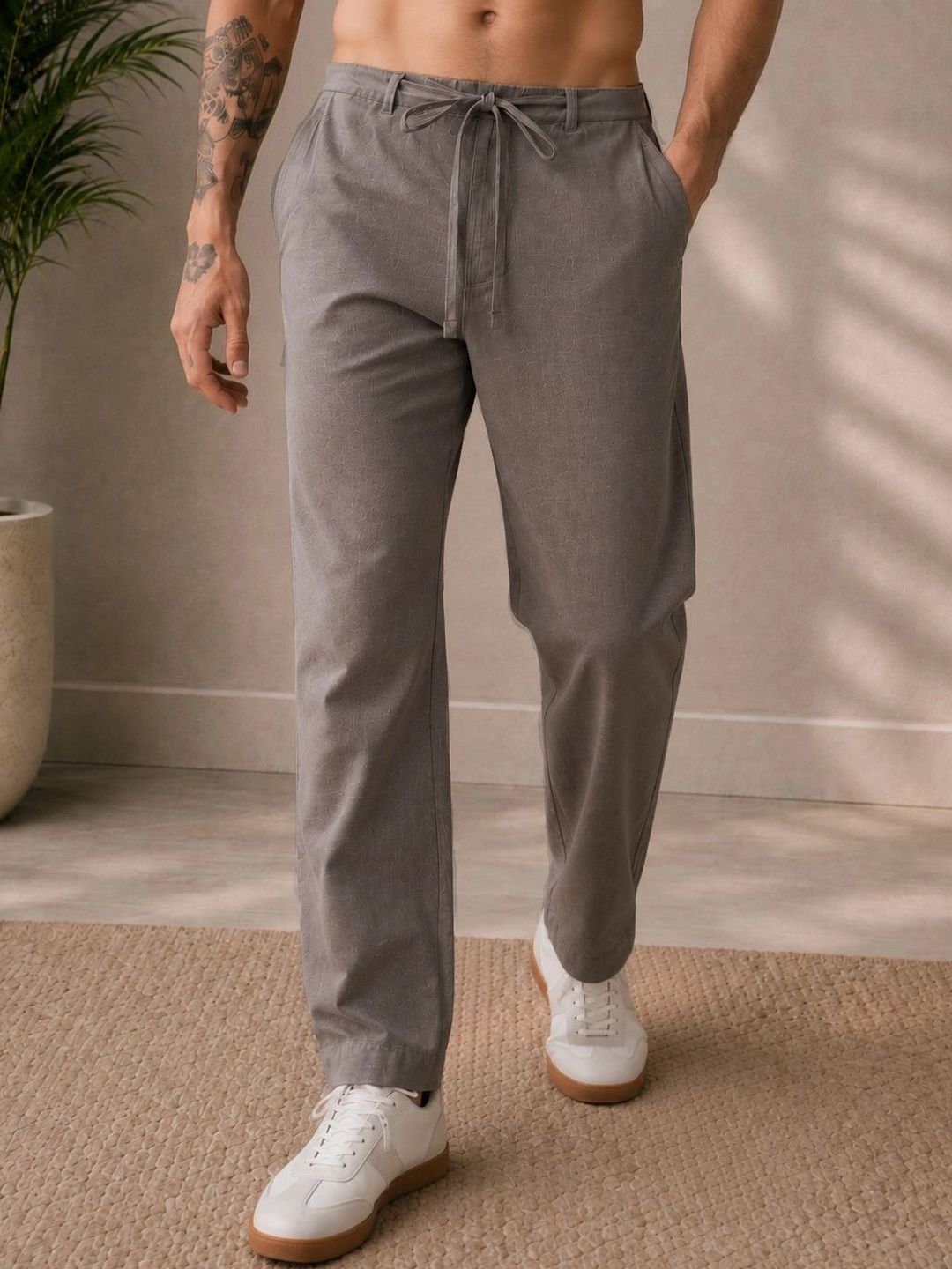 HERE&NOW Men Textured Relaxed Straight Fit Easy Wash Trousers-picture-53