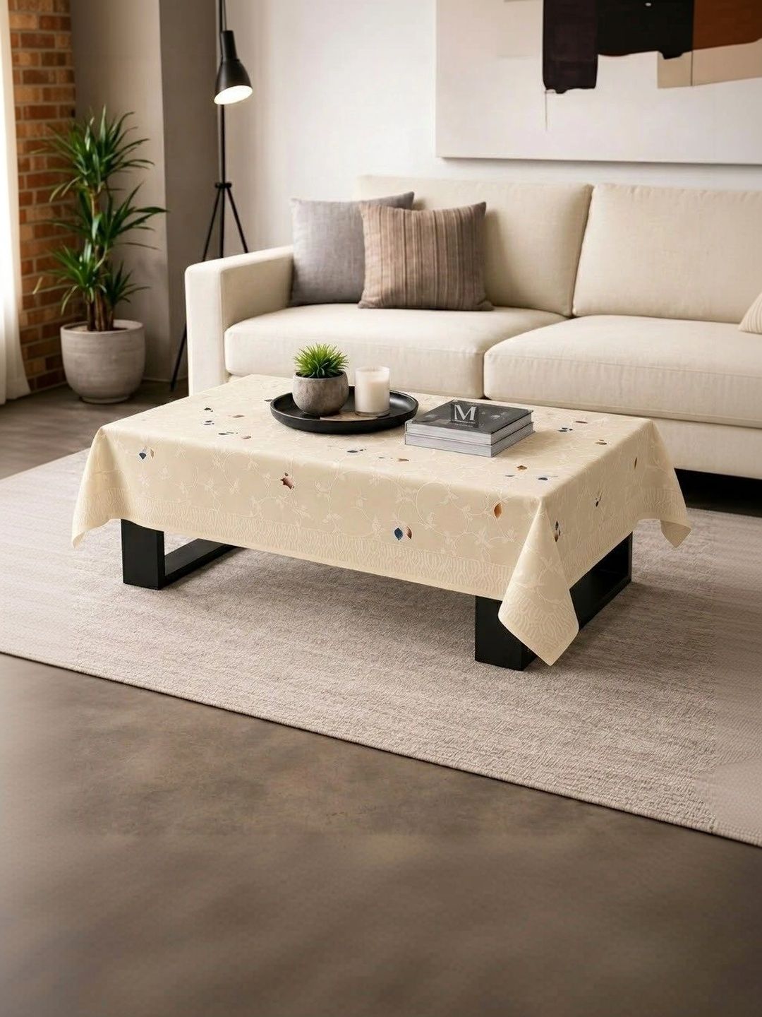 RYKA Cream-Coloured Floral Cotton 4-Seater Table Cover with Textured details-picture-11