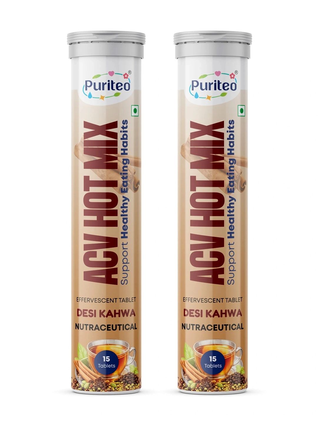 Puriteo Set Of 2 ACV Hot Mix Effervescent Tablets - 15 Tablets Each-picture-33