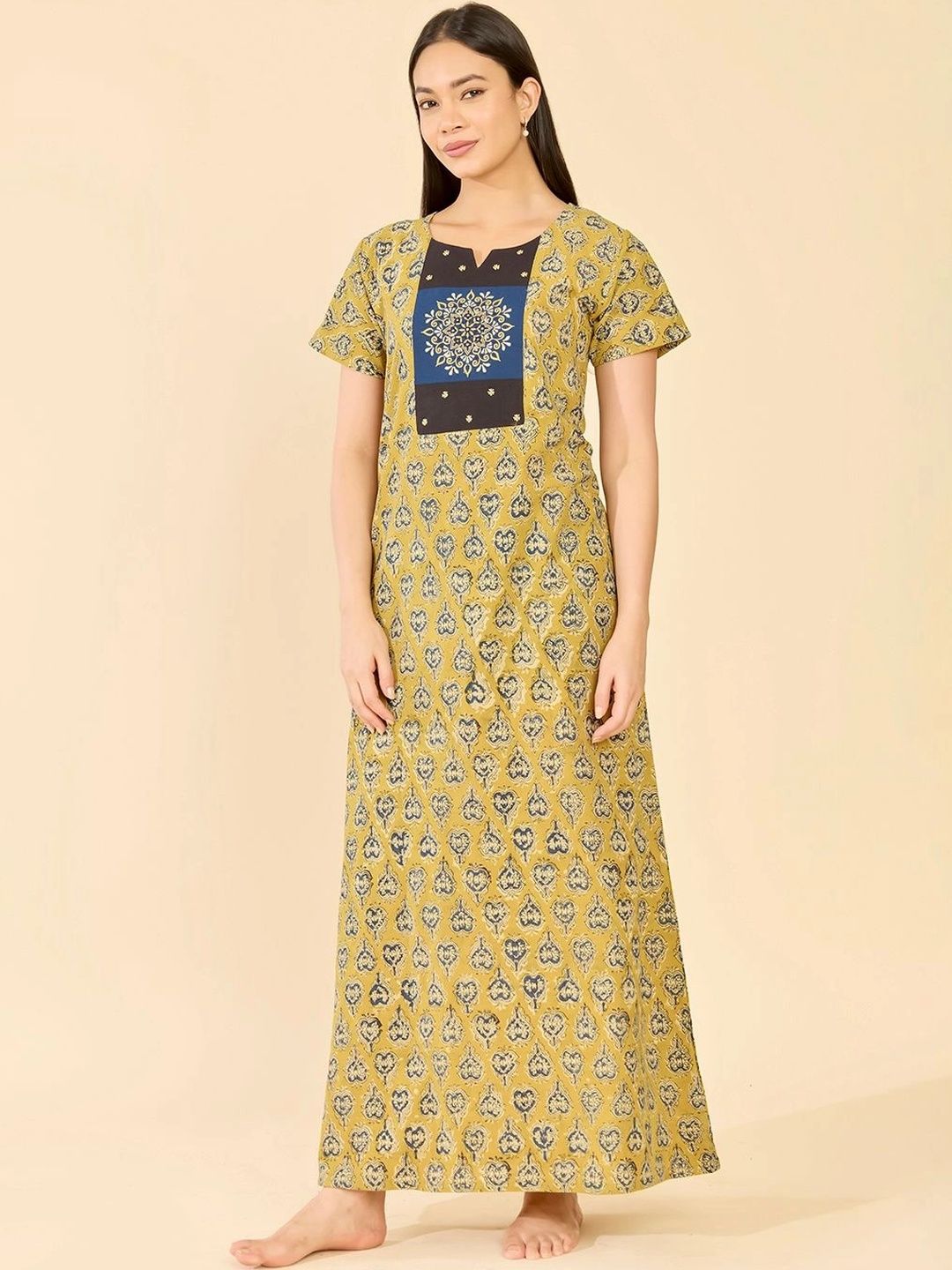 Maybell Women Mustard Kalamkari Printed Cotton Short Sleeve Scoop Neck Night Dress-picture-34