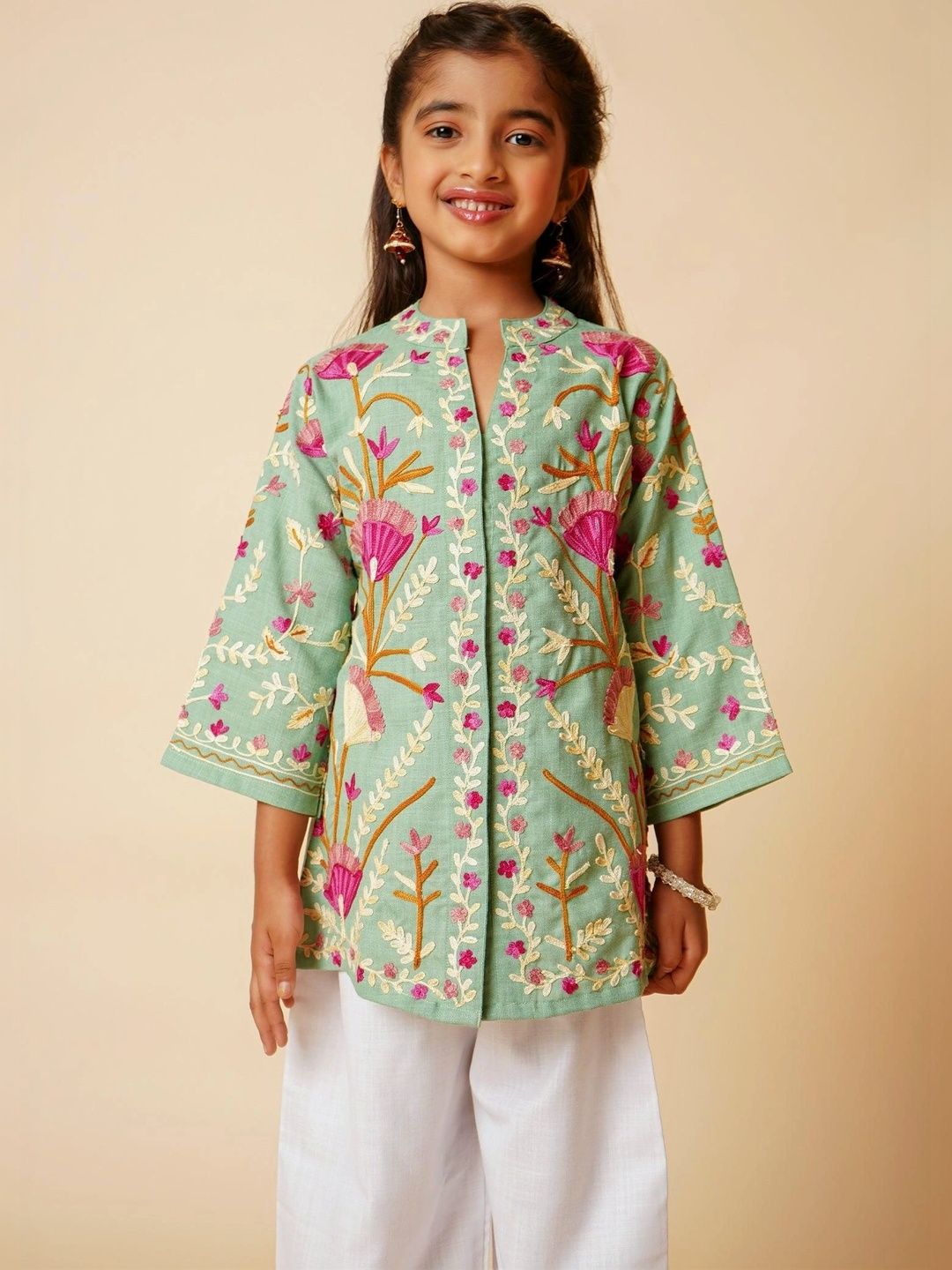HOUSE OF KARI Girls Floral Open Front Jacket with Embroidered-picture-24