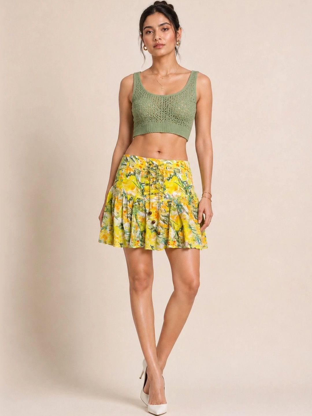 Eikai Women Georgette Floral Tropical Mini Flared Skirt-picture-28