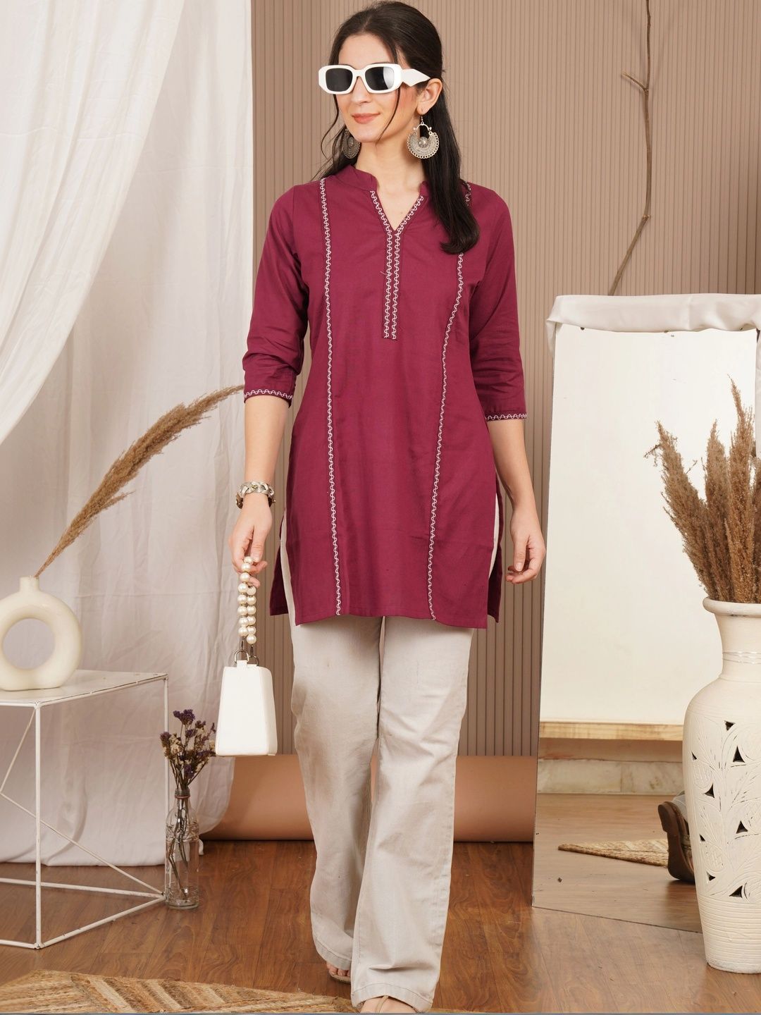 KALINI Embroidered Mandarin Collar Cotton Blend Top-picture-56