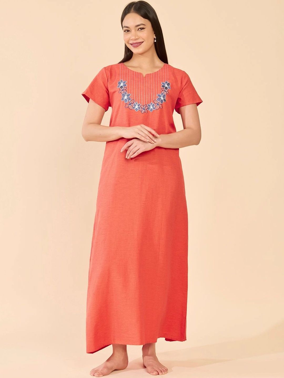 Maybell Women Rust Solid Cotton Short Sleeve Scoop Neck Night Dress-image-19